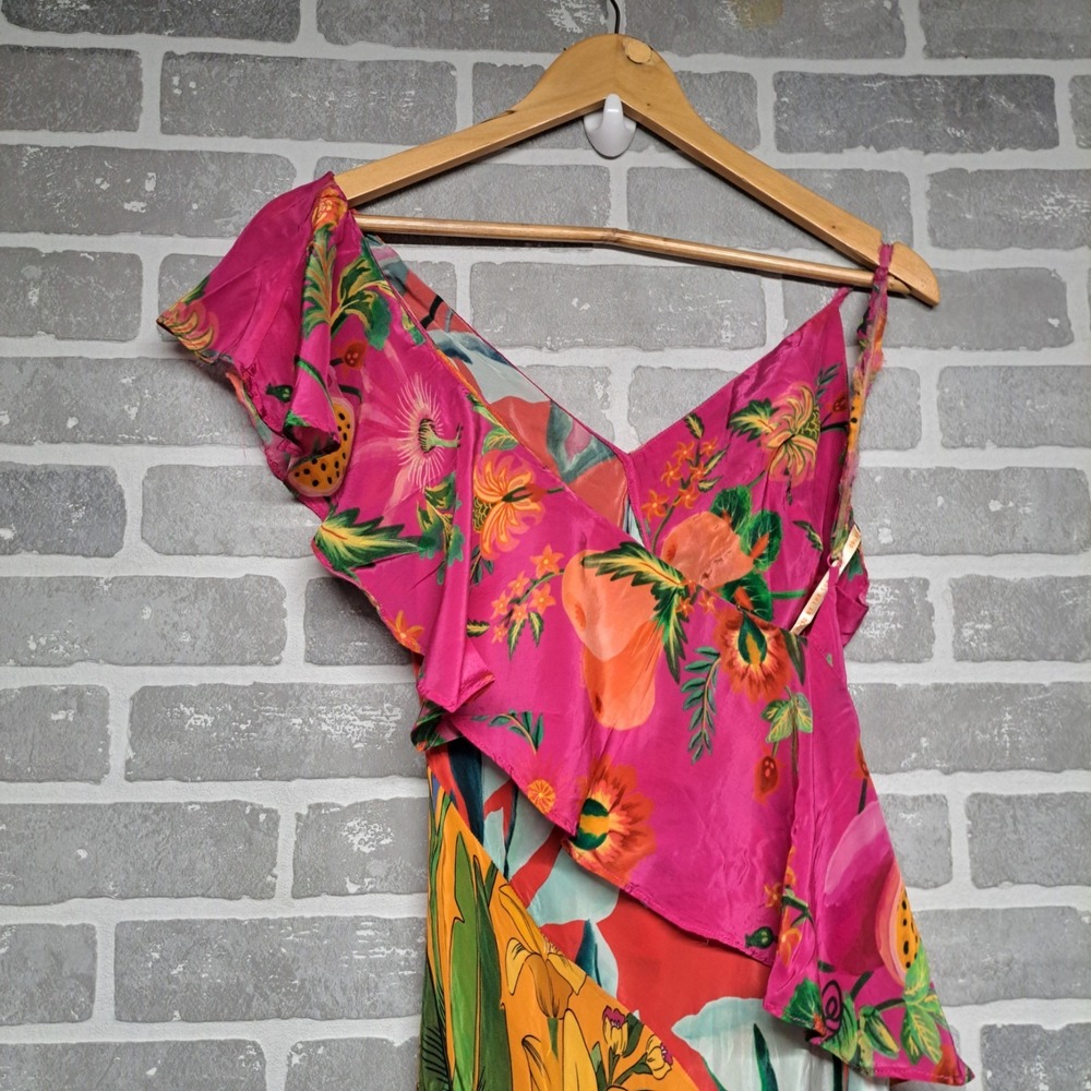 Farm Rio Ruffled Floral Print Satin Crepe De Chine Midi Dress Size Small - Picture 12 of 16